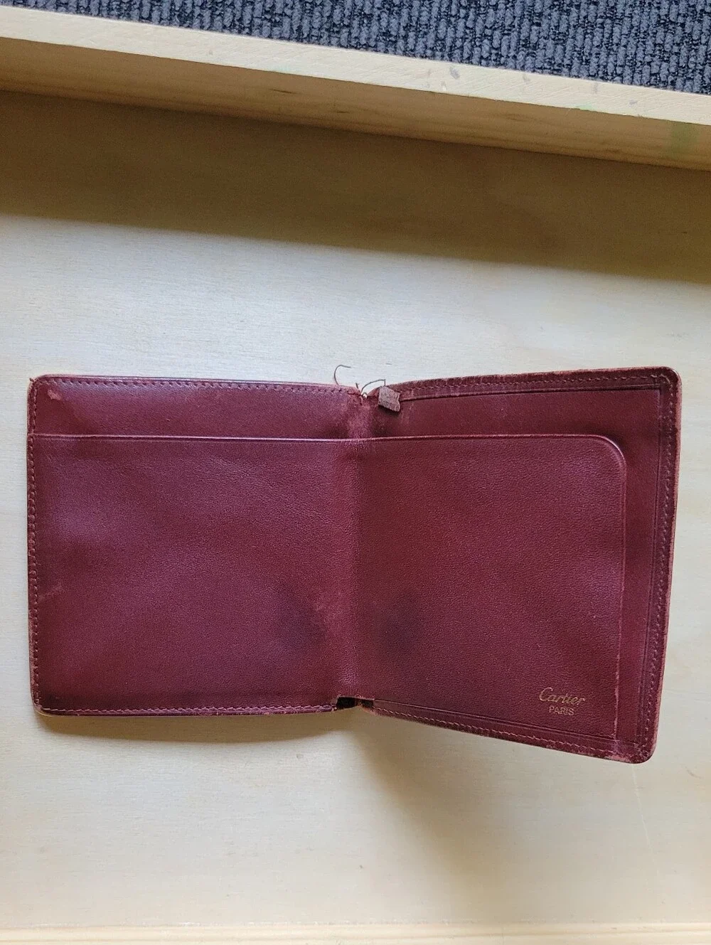 Vintage Cartier Burgandy Leather Bifold Wallet with Gold Corners & Coin holder